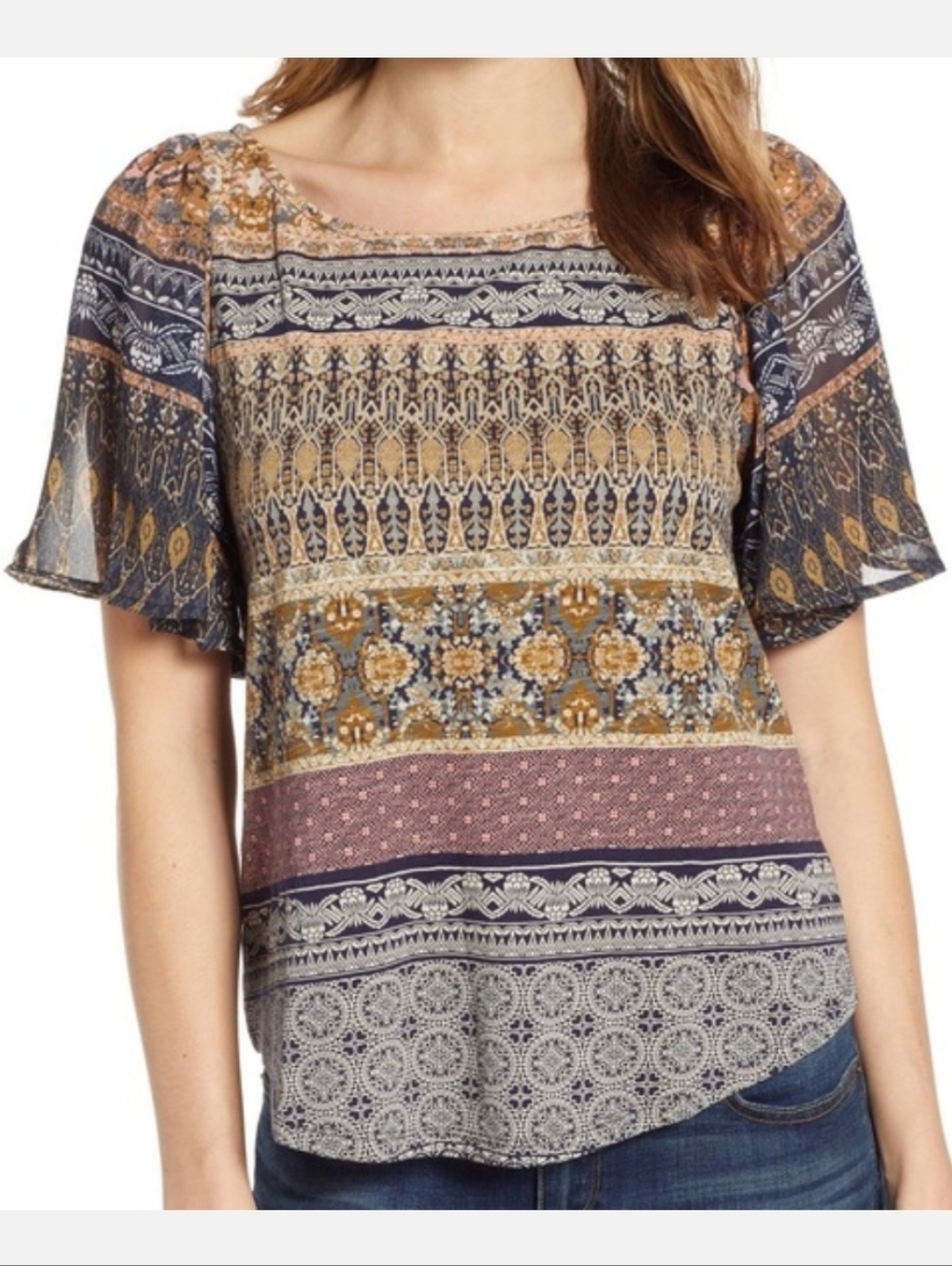 Lucky Brand Boho Geometric Print Flutter Sleeve Blouse Cutout Back, Size M